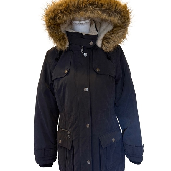 🧥 DKNY Navy Quilted Lined Parka Jacket - Medium - Detachable Faux Fur Hood - Picture 3 of 16